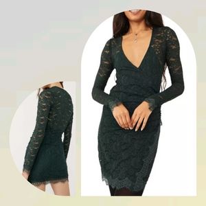 *NWOT FREE PEOPLE Pearl Lace Long Sleeves Mini Dress Deepest Spruce
